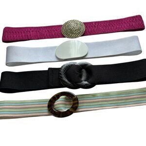 Lot of 4 Women's Belts Stretchy Elastic Hot Pink Black White and Stripe